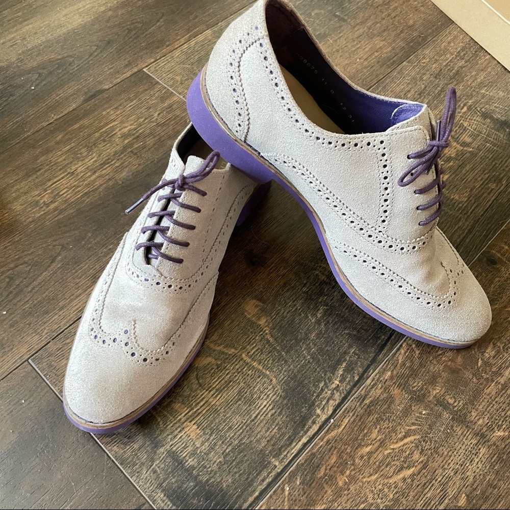 Cole Haan leather oxfords size 11, light grey and purple
